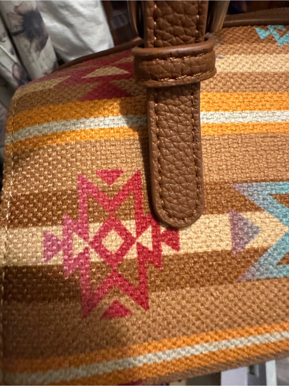 Wrangler Tan Crossbody with Turquoise & Pink Aztec Accent - Picture 8 of 13